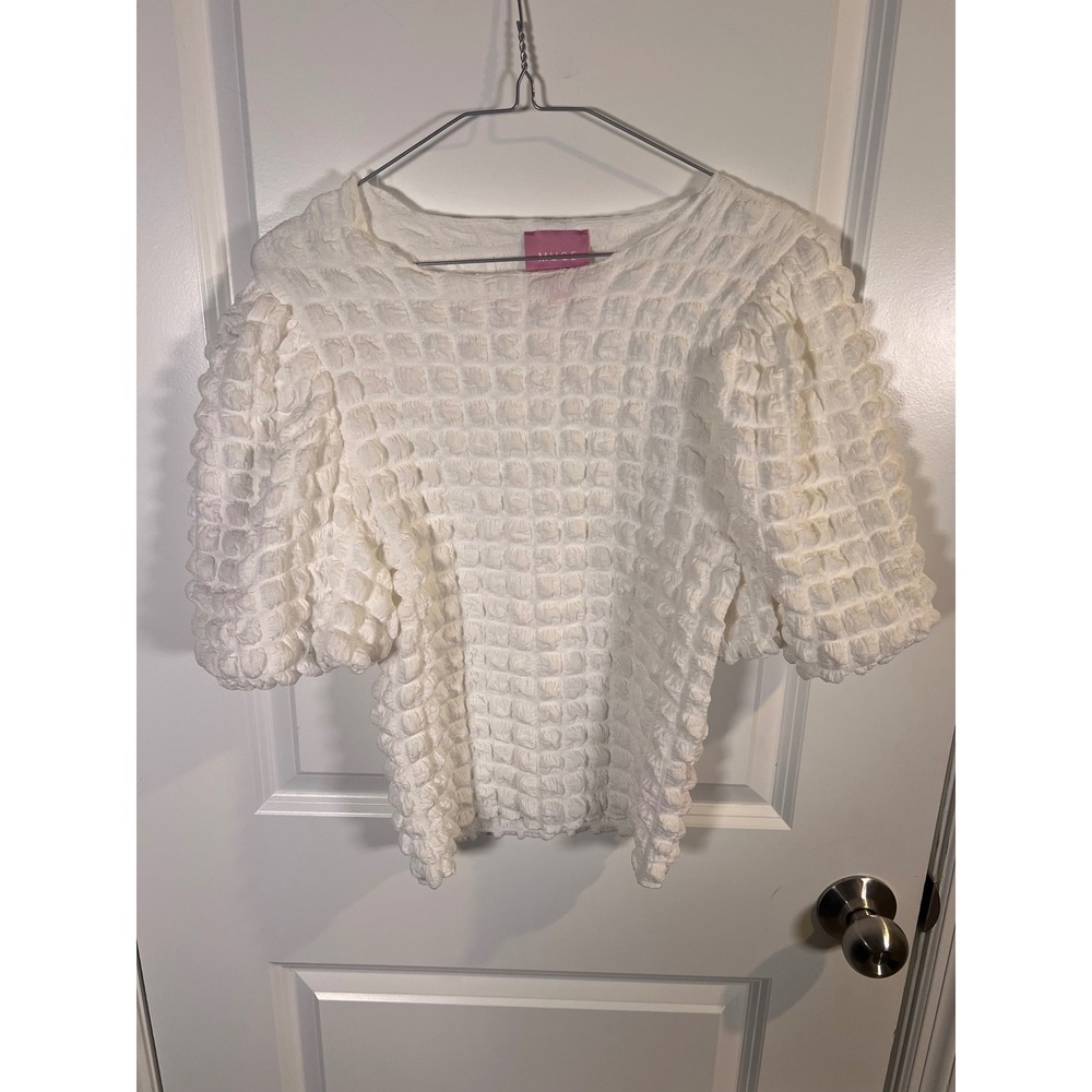 Muse Womens Blouse Popcorn Textured‎ Puff Sleeve White S